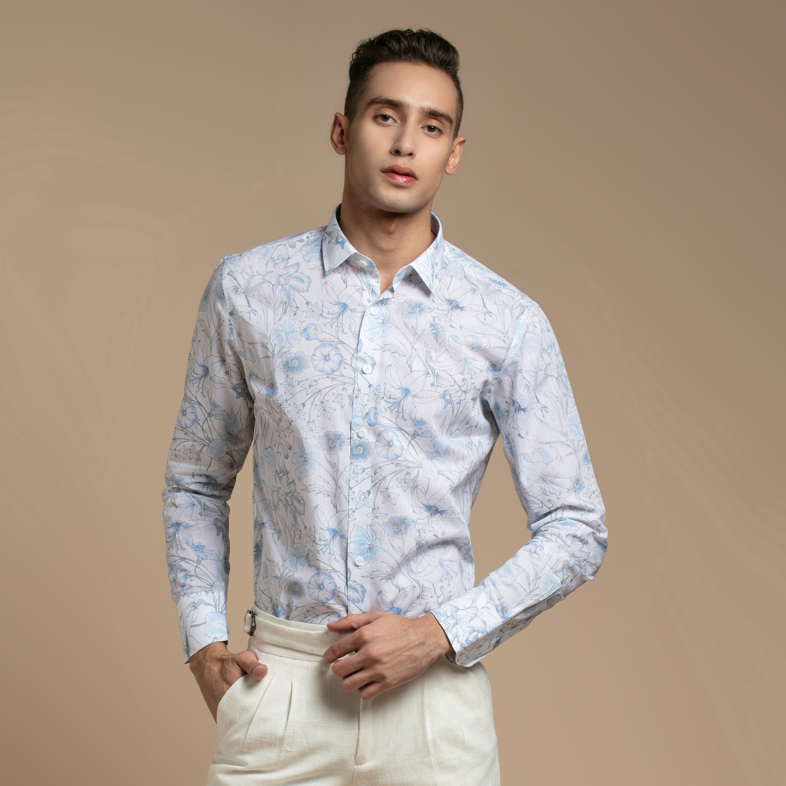 修身gievescharles新款水墨百合印花衬衫男士长袖衬衫