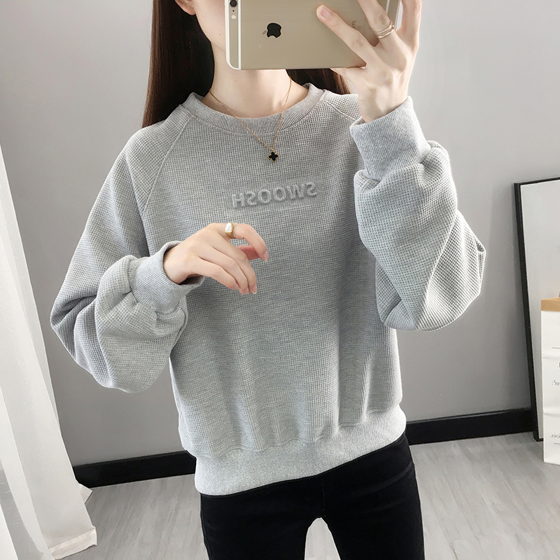加绒华夫格卫衣女韩版宽松休闲百搭女装春季新款圆领套头早春上衣