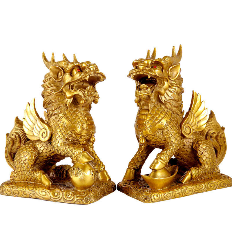 纯铜麒麟摆件招财一对风水客厅卧室家里化小摆件
