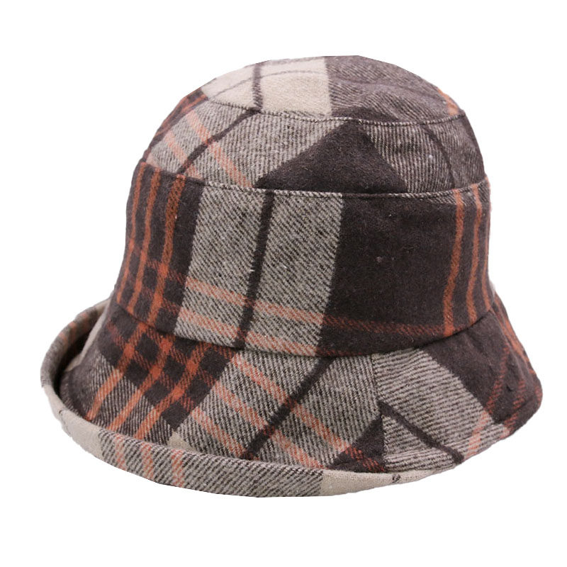 2021年新品翻边帽子女帽盆帽女士毛呢毛呢格纹渔夫帽呢子帽休闲帽