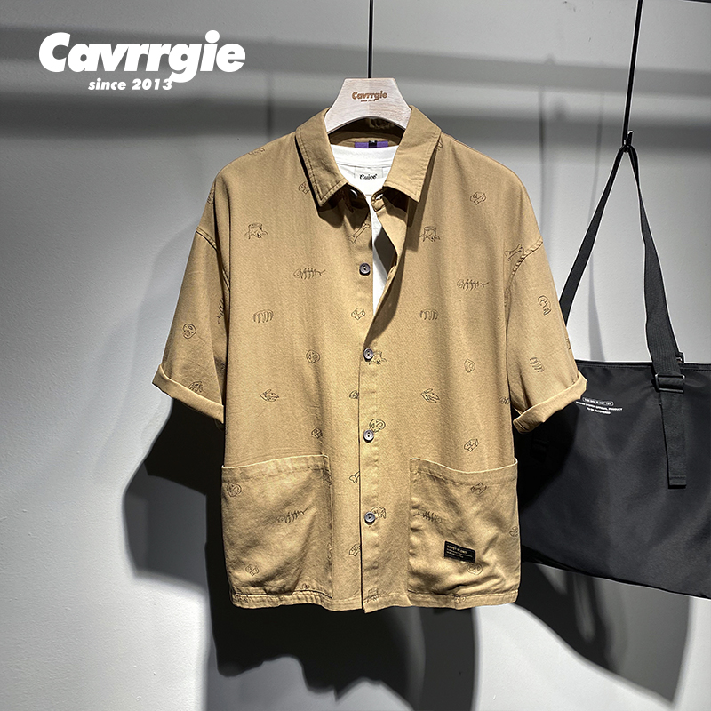 春夏装美式工装水洗短袖衬衫男女宽松日系复古印花外套型衬衣叠穿