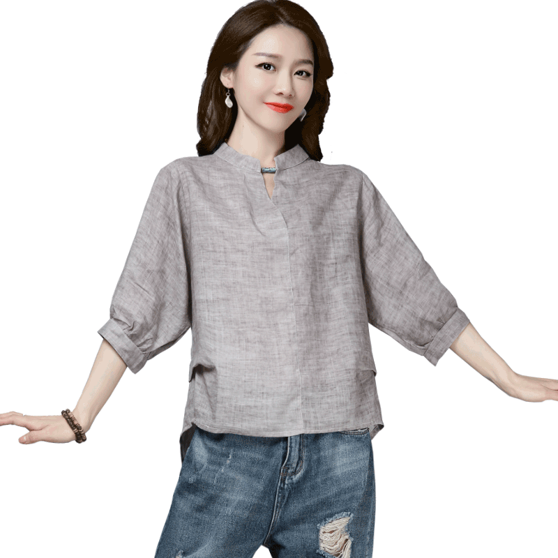 麻料上衣短袖2020夏季新款宽松v领气质小衫时尚百搭显瘦苎麻t恤女