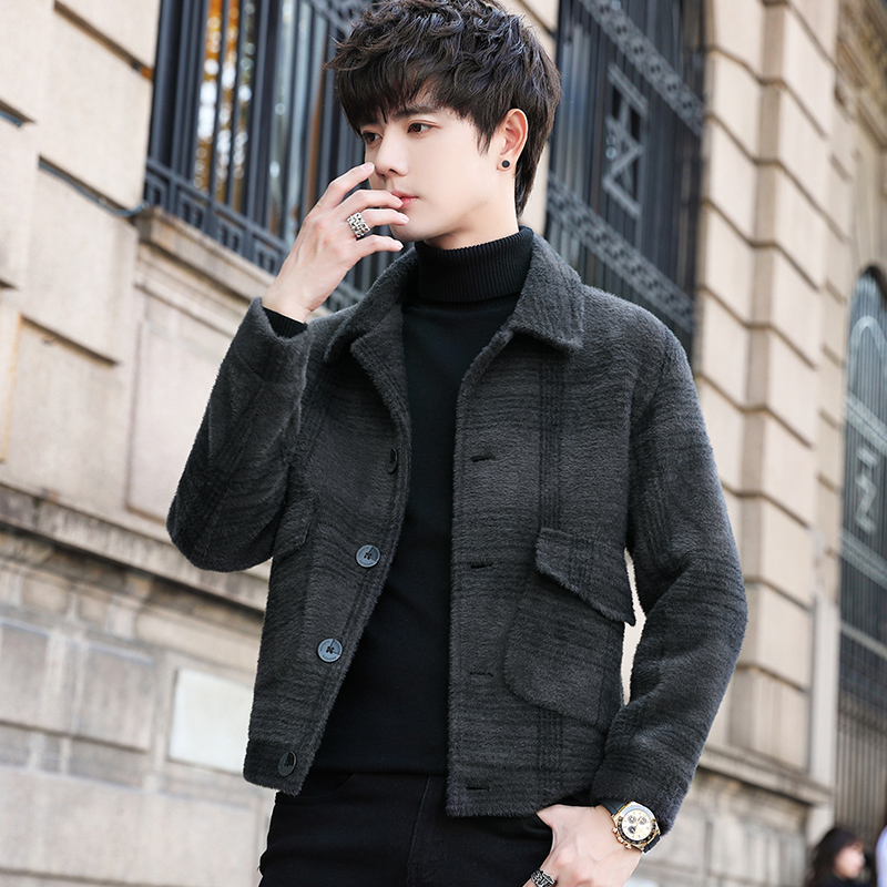 2023新款毛呢大衣男装短款呢子小个子秋冬季风衣水貂毛绒男士外套