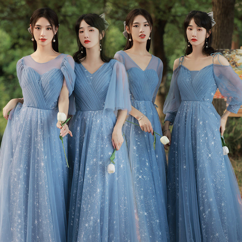 2021伴娘服女新款秋季森系气质姐妹蓝色星空演出礼服