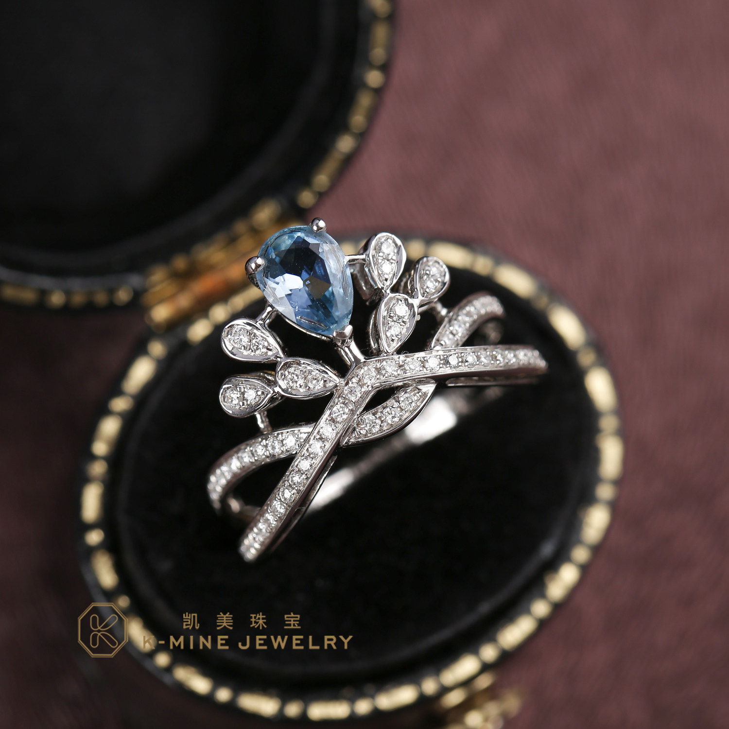 凯美珠宝18k白金天然天然水水滴海蓝宝戒指皇冠求婚手饰