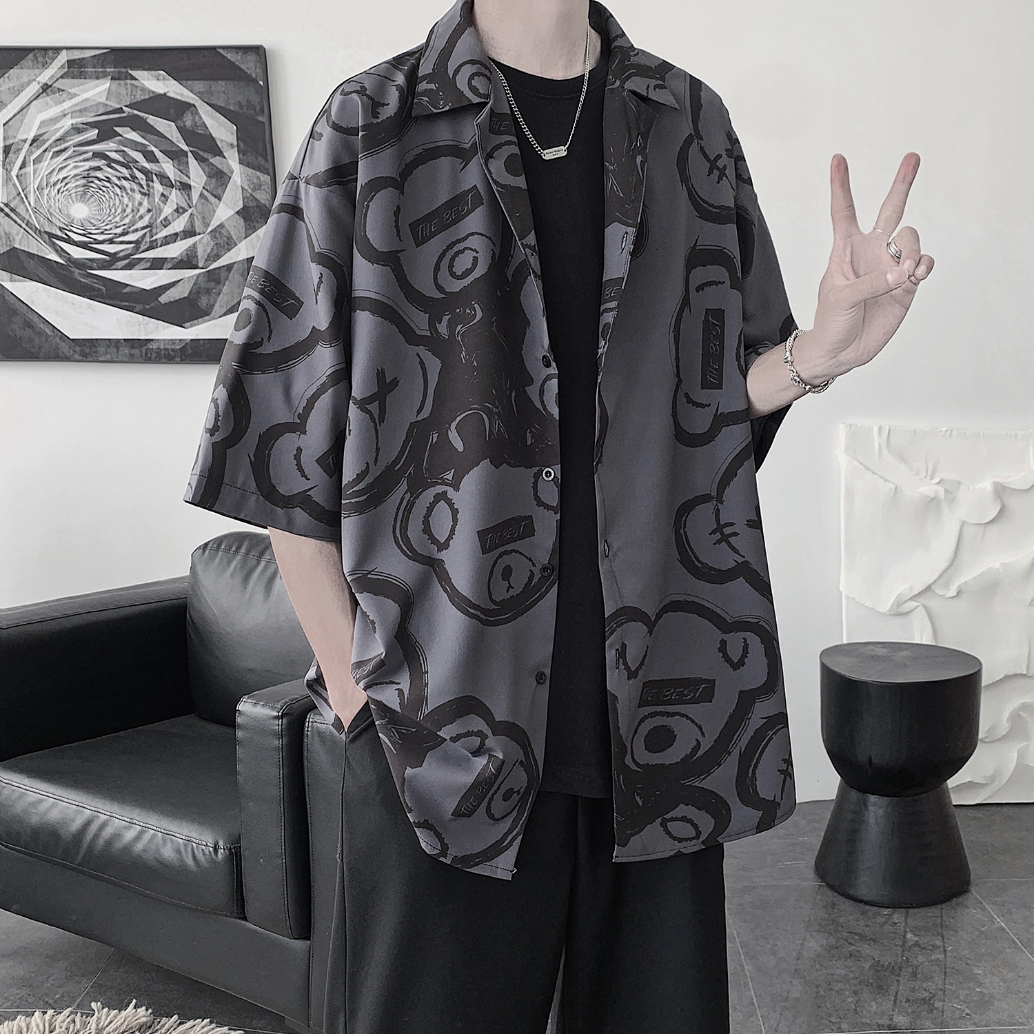 网红西装领衬衫男七分袖2022夏季冰丝短袖衬衣薄款痞帅气小熊外套