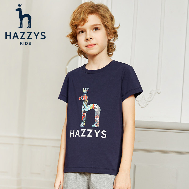 hazzys哈吉斯童装男女童t恤2020夏季中大童纯色大logo短袖圆领衫