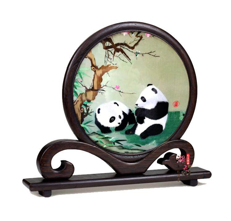 沙坪湘绣手工刺绣工艺品装饰摆件吉祥如意框架熊猫湘绣