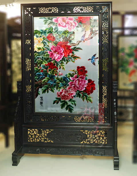 隔断新品手工刺绣湘绣屏风双面座屏玄关中式湘绣