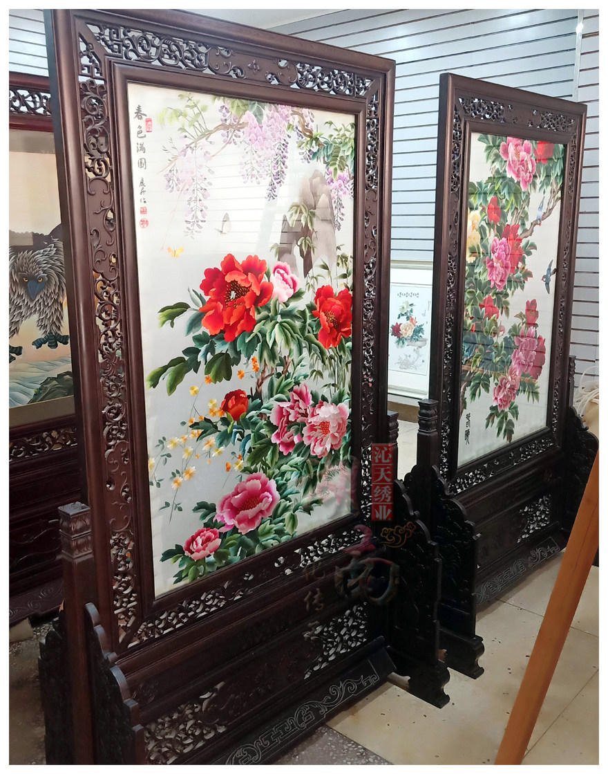 隔断新品手工刺绣湘绣屏风双面座屏玄关中式湘绣