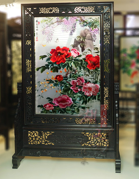 隔断新品手工刺绣湘绣屏风双面座屏玄关中式湘绣
