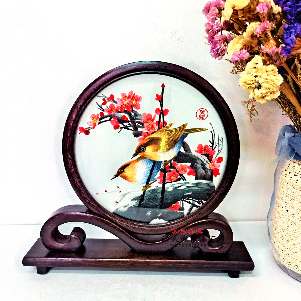 新中式摆件玉兰花鸟牡丹花牡丹刺绣手工绣家居双面湘绣