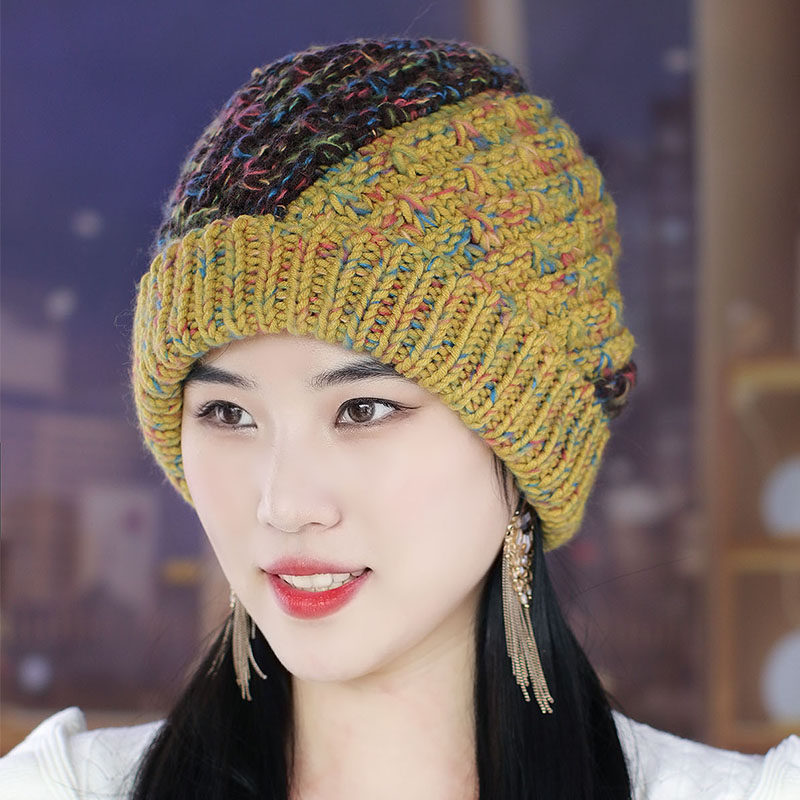 女韩版秋冬天加加厚保暖毛线帽拼色针织帽翻护耳帽子