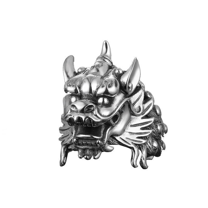 纯银麒麟男士戒指复古潮霸霸气獬豸神兽银头戒指