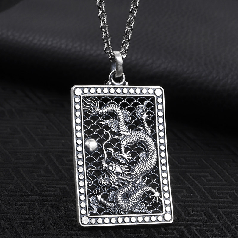 足银龙牌吊坠泰银复古吉祥霸气飞龙银龙银珠项坠