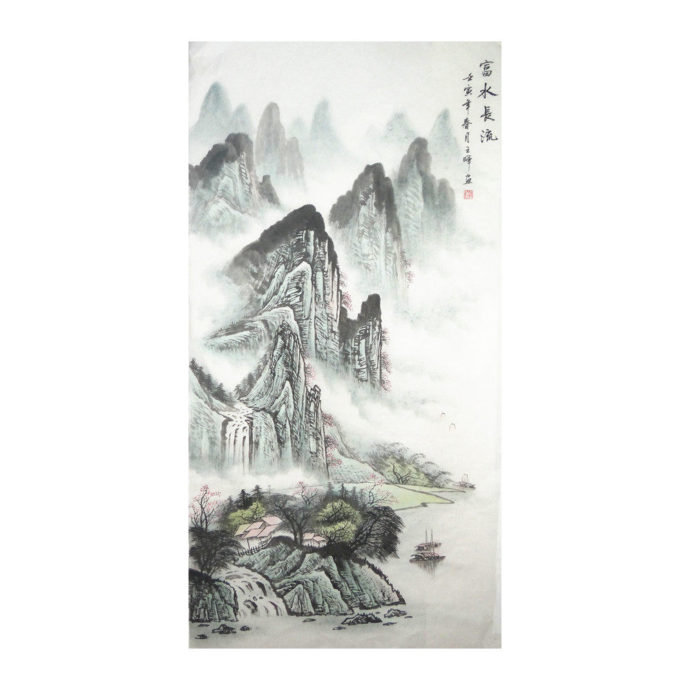 手工国画四尺山水画竖幅源远流长条幅富水长流风水国画