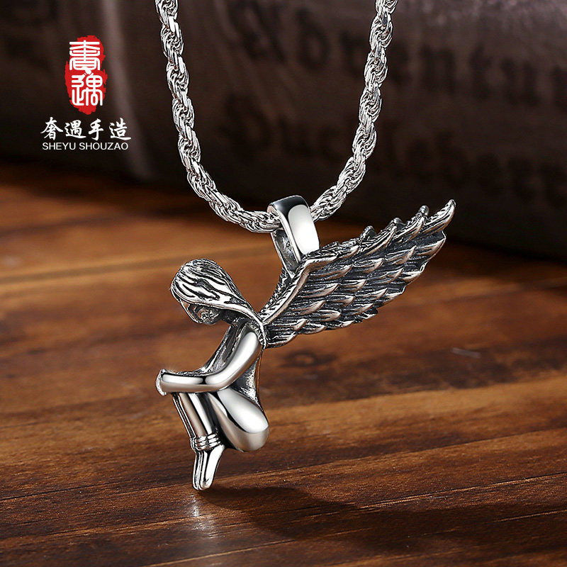 奢遇s925纯银银天使女孩复古项链男士潮牌吊坠项坠
