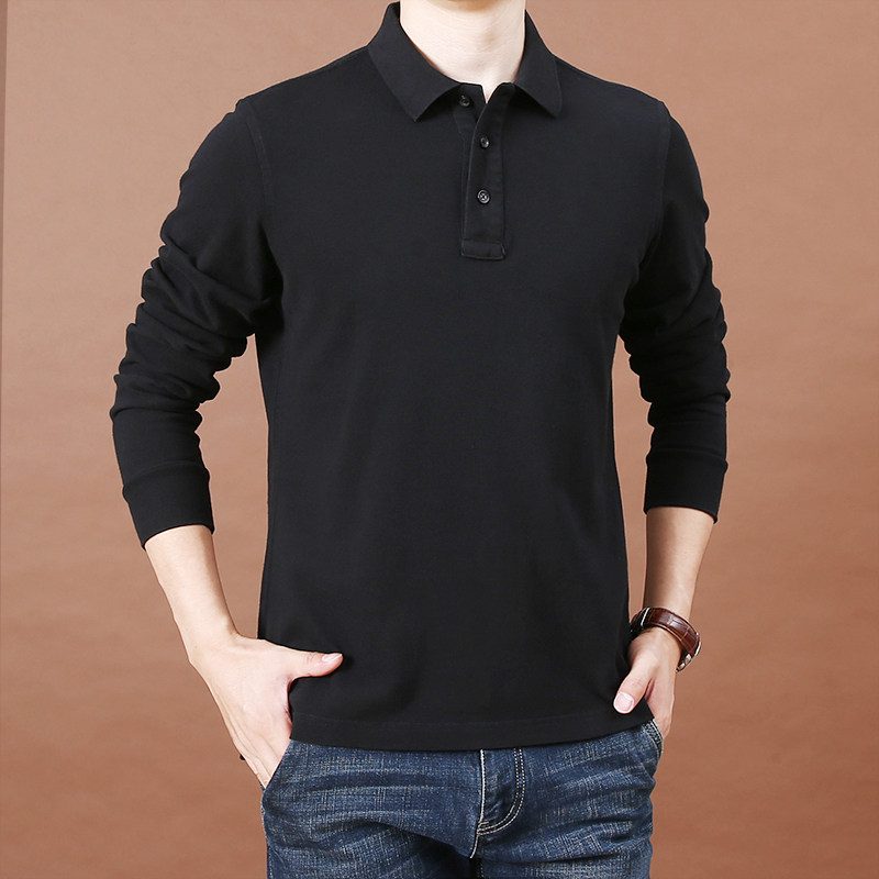 简顿时尚翻领厚款宽松长袖恤男春季水洗纯棉t恤