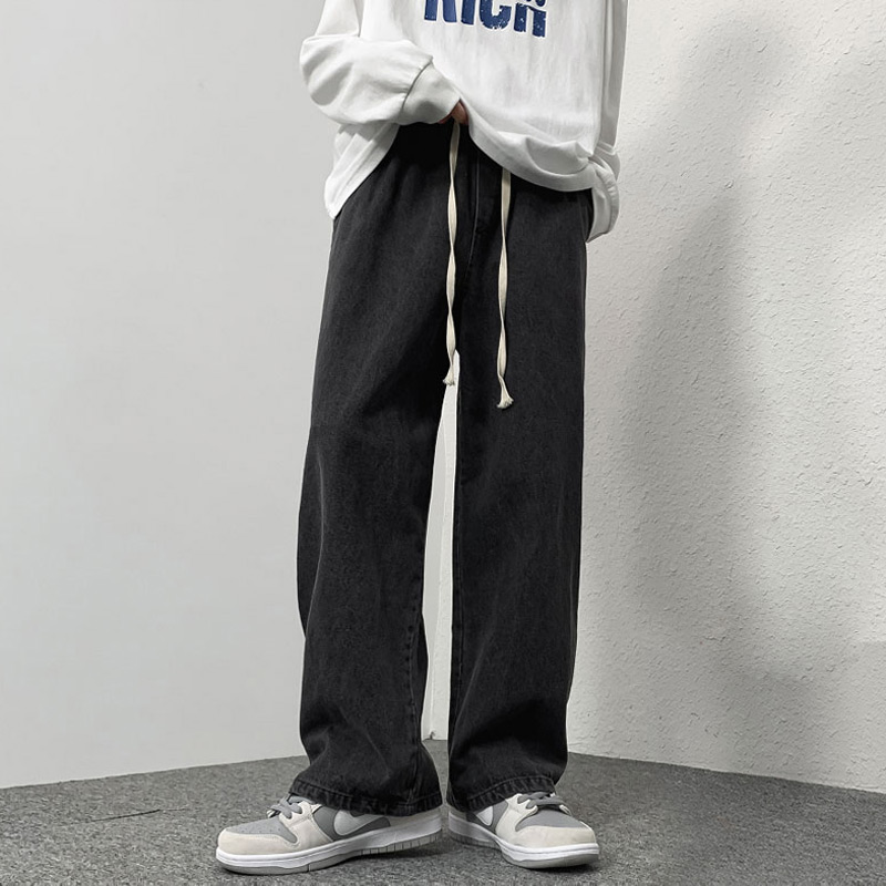 系绳牛仔裤男春秋宽松直筒潮牌ins大码阔腿设计感小众拖地裤子