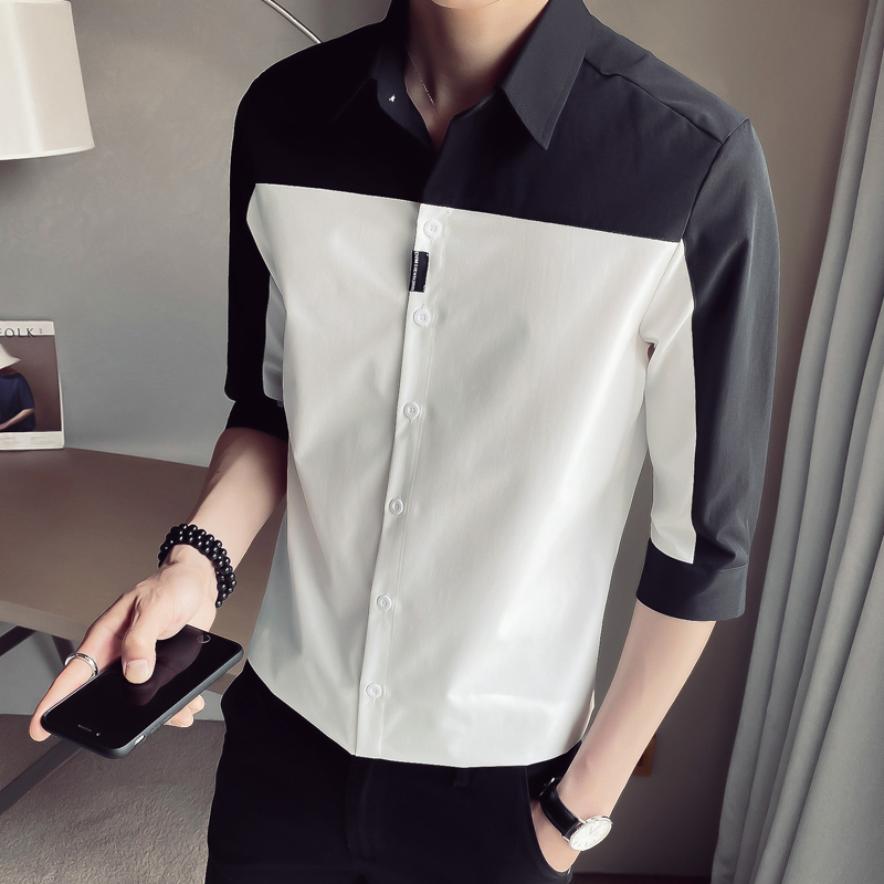 夏季短袖拼接衬衫男潮七分袖韩版修身设计感寸衫帅气中袖休闲衬衣