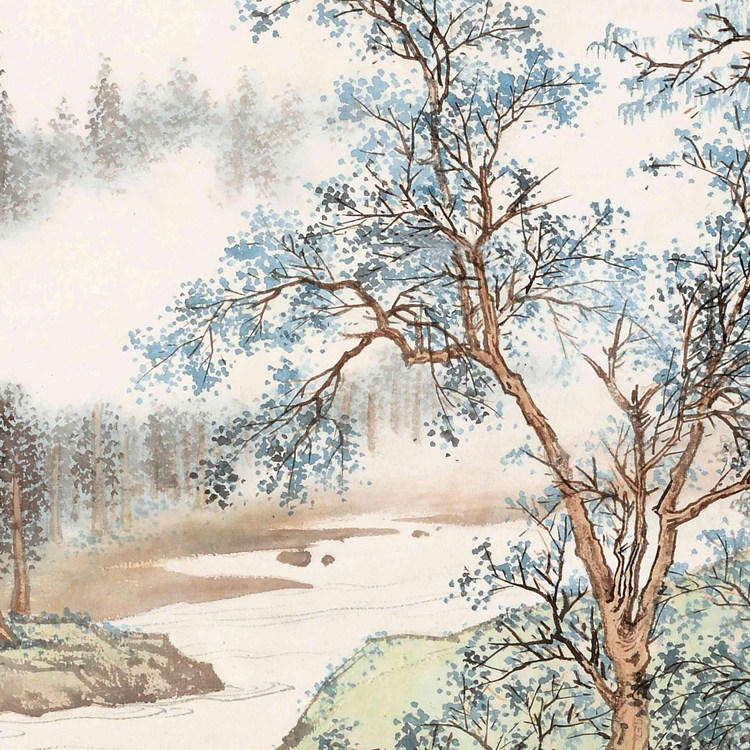 明仇英莲溪渔隐图挂轴条幅卷轴山水画名画真迹复制品玄关书房挂画