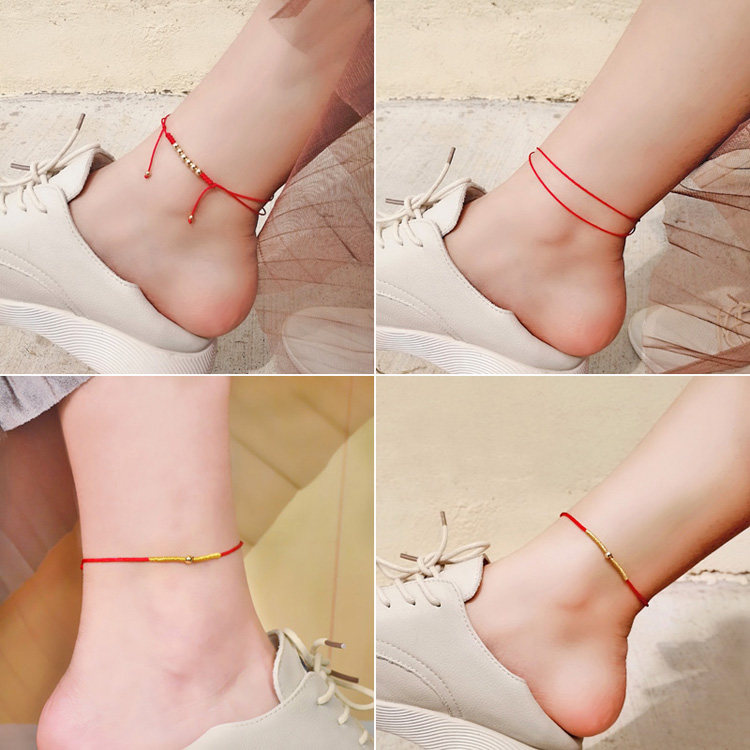 本命年手工金珠金结红绳脚链女款脚绳简约时尚脚链