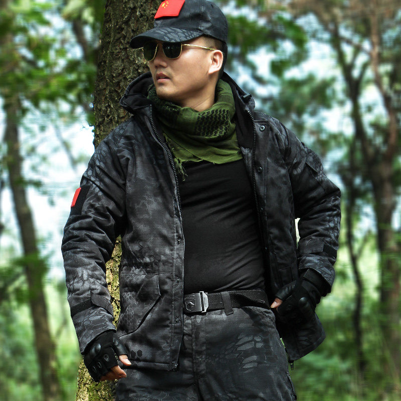 狼石户外黑色蟒纹迷彩服套装男特种兵野战作训服冬季加厚加绒军装