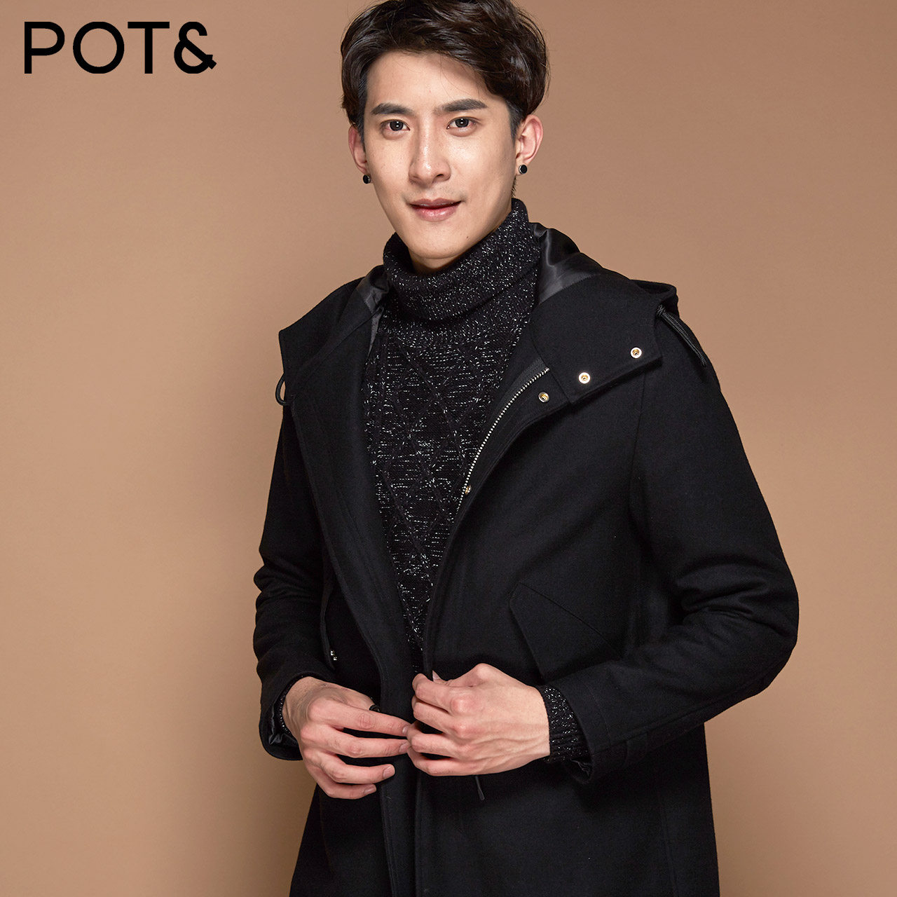 pote拉夏贝尔 冬新品男士宽松羊毛连帽保暖大衣商场同款a