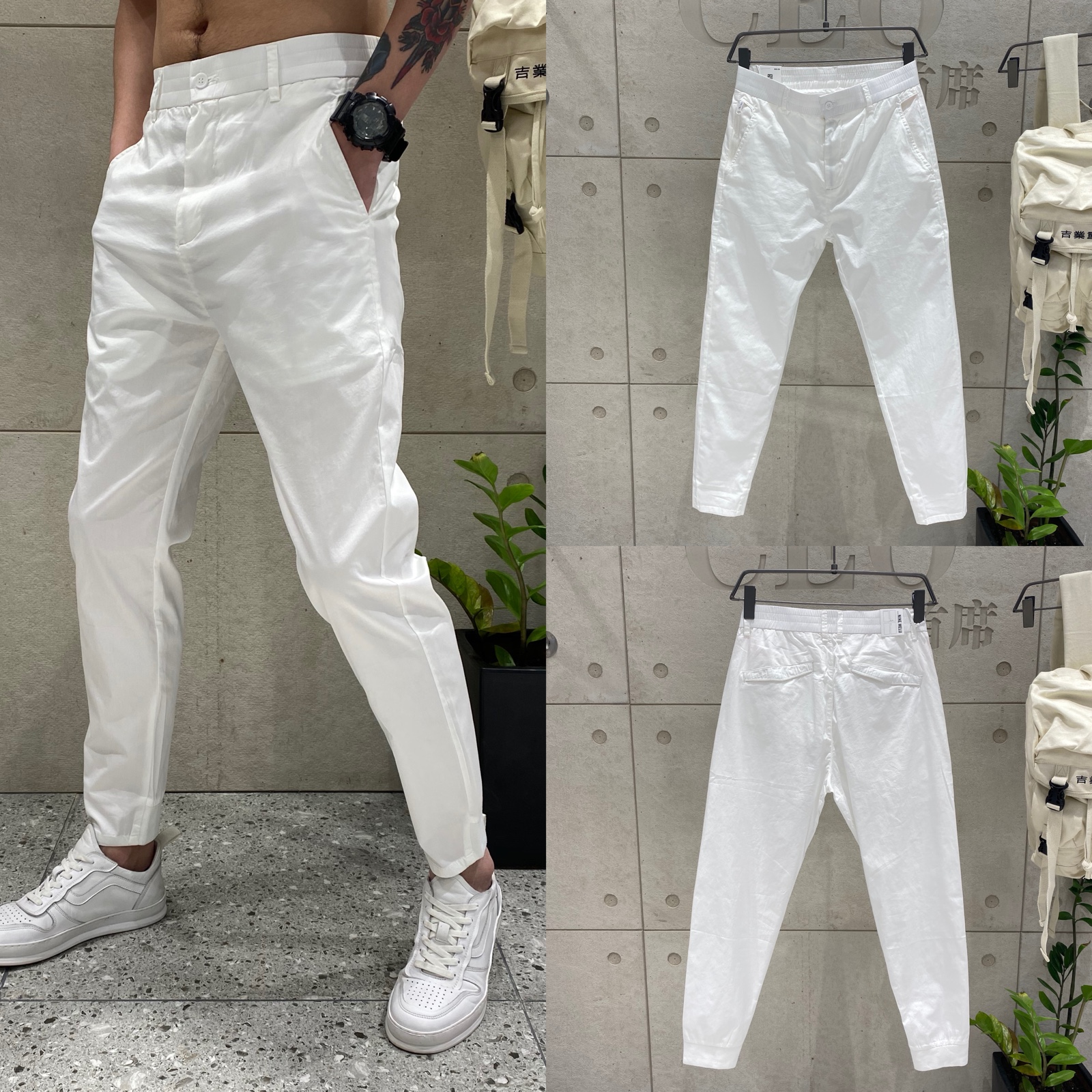 潮牌休闲裤男士夏季新款白色小脚裤商务西裤青年修身百搭长裤子男