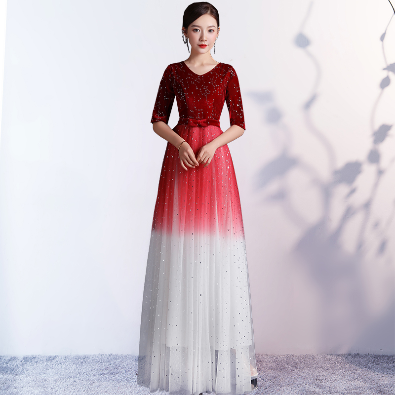 新款合唱长裙礼服成人中学生红歌大合唱合唱团诗歌民族服装
