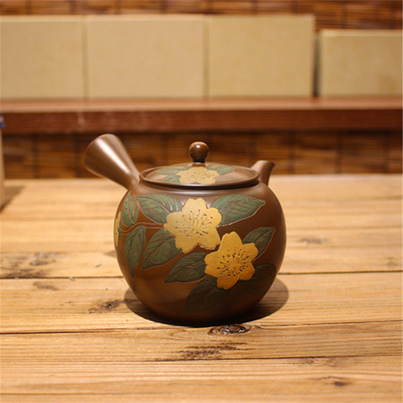 日本常滑烧隐退名家梅原宗平宗刻绘小花横手日式茶壶