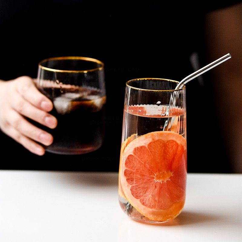 玻璃杯北欧欧风竖纹金边西餐餐用水杯家用果汁玻璃杯