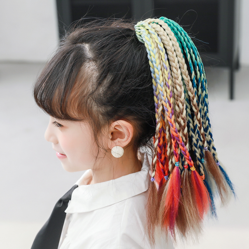 儿童假发发饰头饰假马尾辫子绑带式彩编头绳女童短款舞台可爱造型