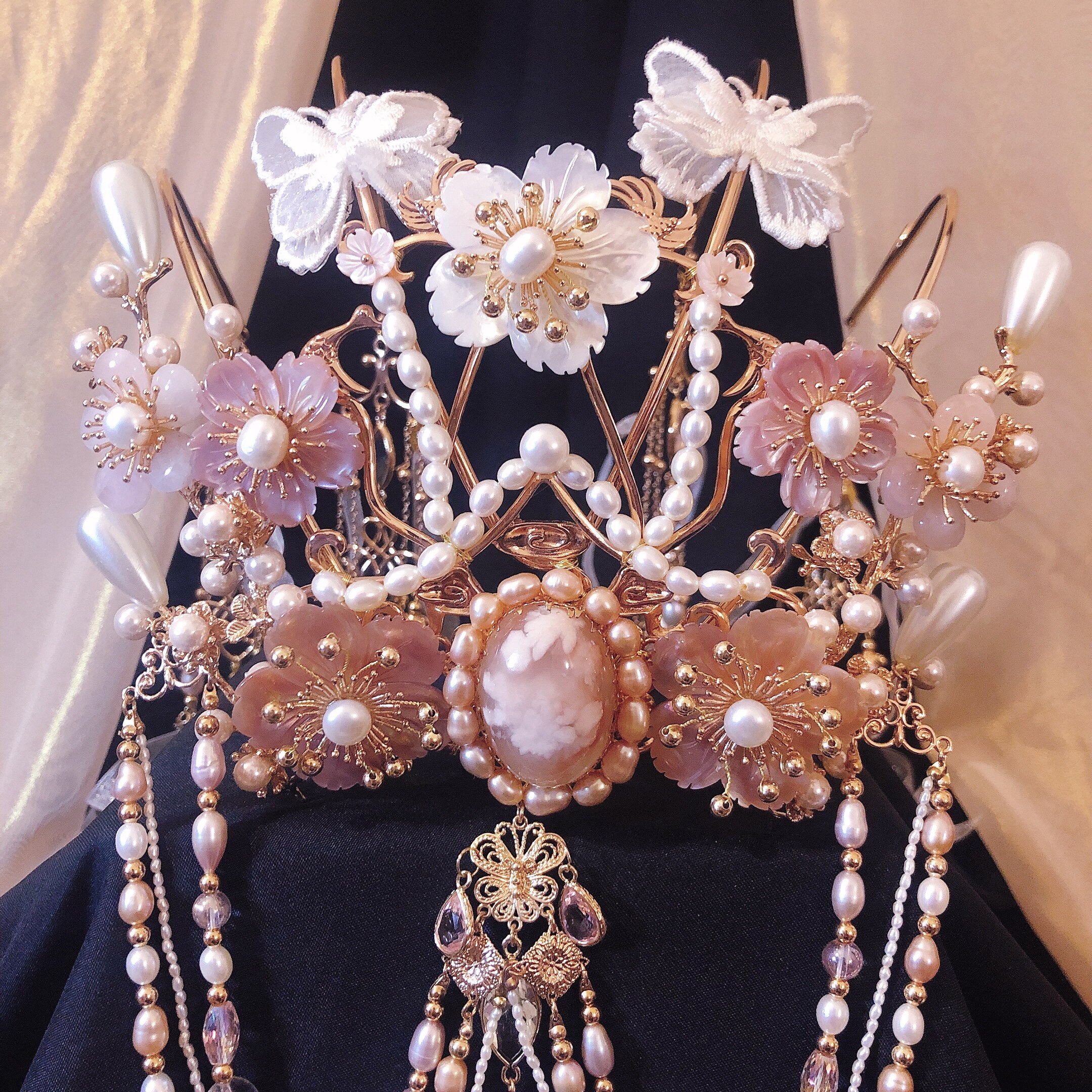 明珠原创珍珠流苏仙女汉服头饰新娘皇冠原创华丽蝶贝发冠