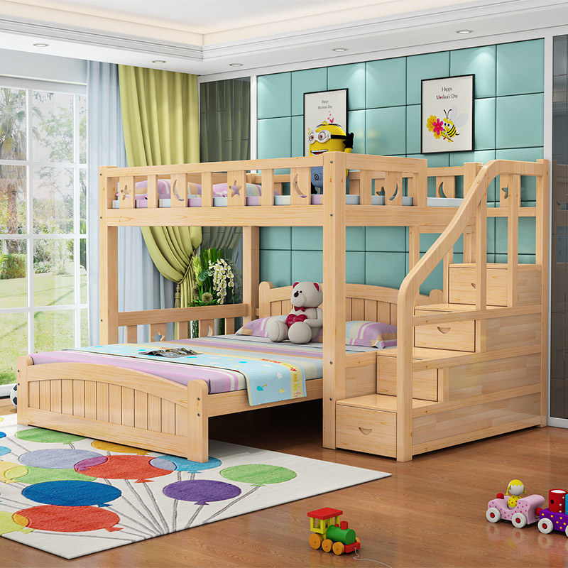 高低双层实木双人床儿童下铺成人多功能组合现代简约高低