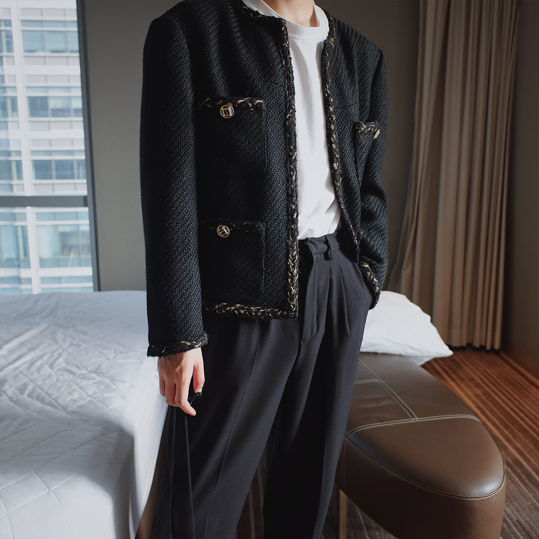 24k homme私人定制小香风夹克外套男士气质粗花呢面料编织花边