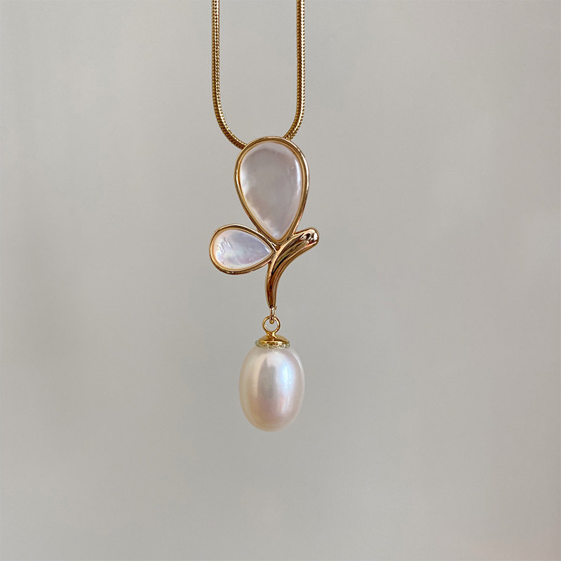 lahabanagirl全新手工天然珍珠钛钢蝴蝶贝母项链