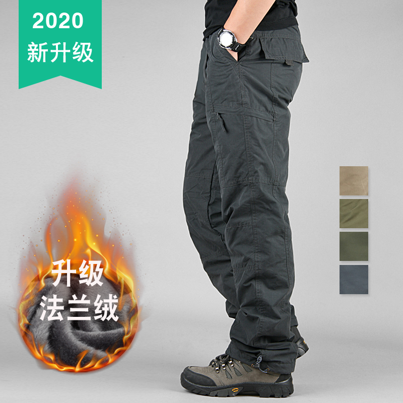 冬季加绒工装裤男宽松加厚潮牌大码直筒多口袋保暖户外运动休闲裤