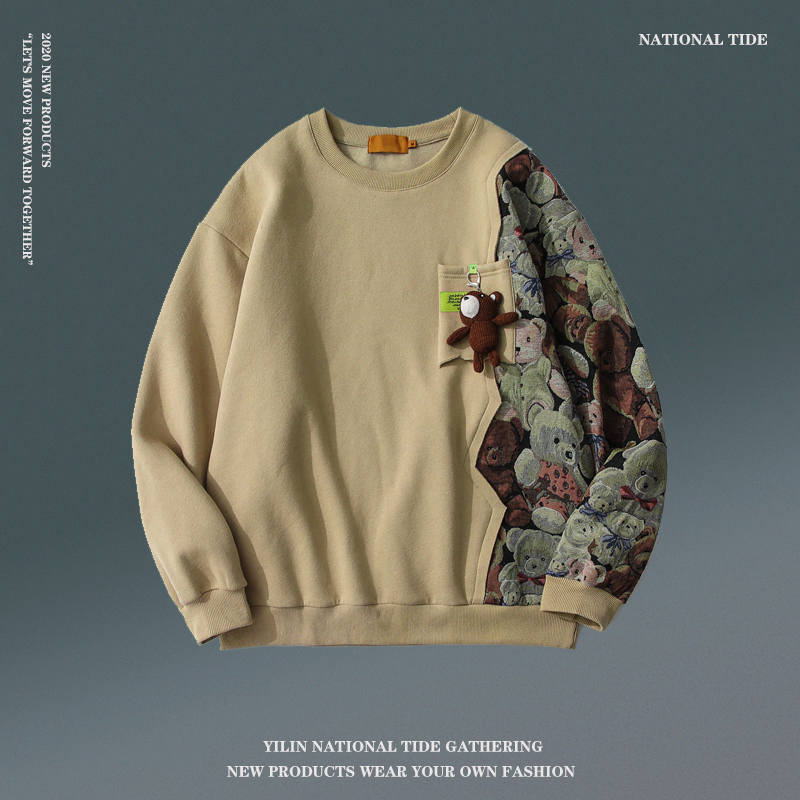 Turned易冧小熊吊坠圆领卫衣男春季卡通撞色拼接宽松情侣ins原宿