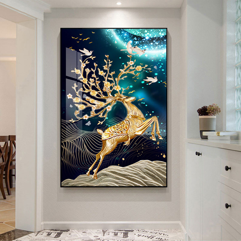 入户玄关装饰画竖版现代简约走廊过道墙壁画北欧招财麋鹿客厅挂画