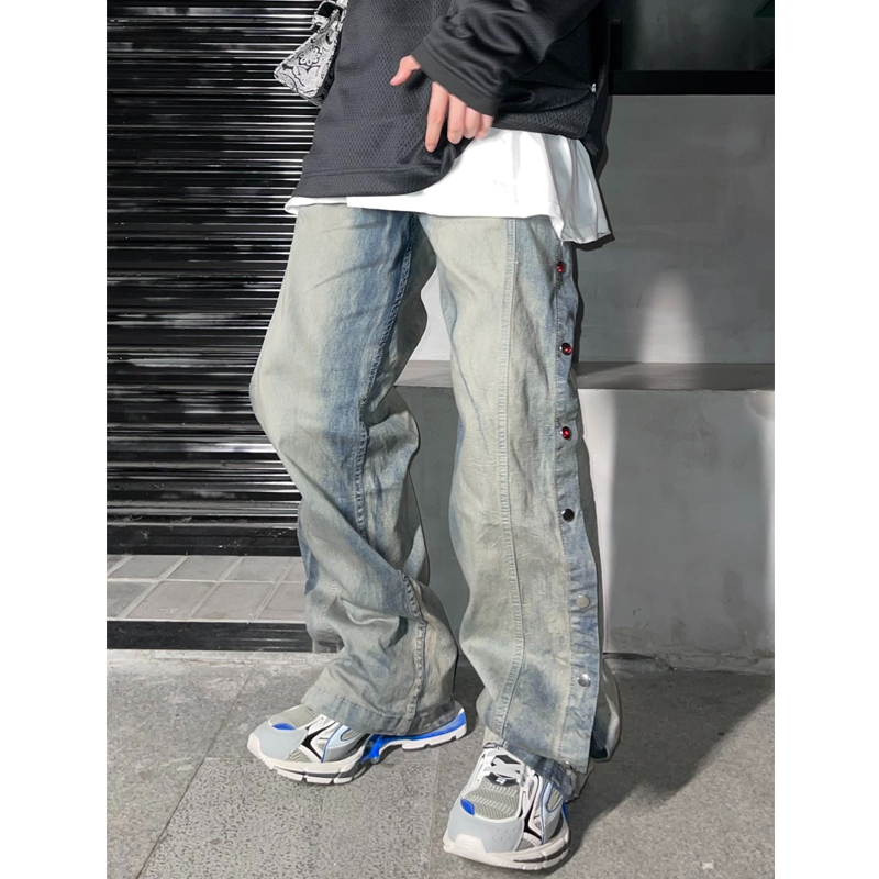 NECOYEP水洗街头高街复古做旧排扣牛仔裤男宽松直筒显瘦休闲长裤