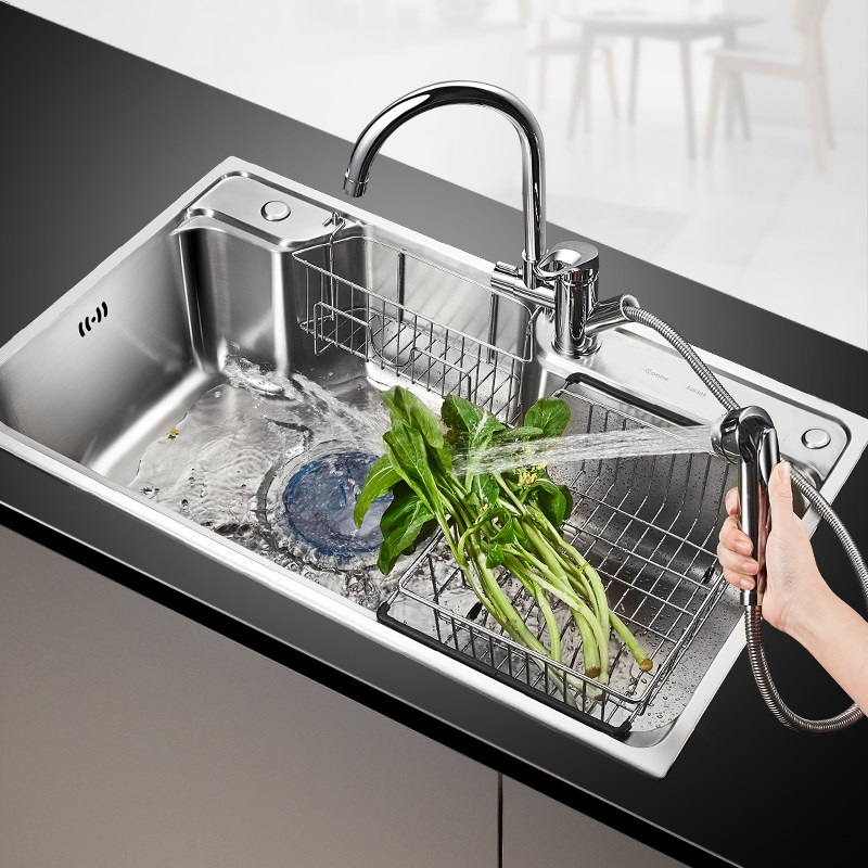 卡贝水槽单槽厨房洗菜盆加厚 304不锈钢洗菜池水池水斗大单槽套餐