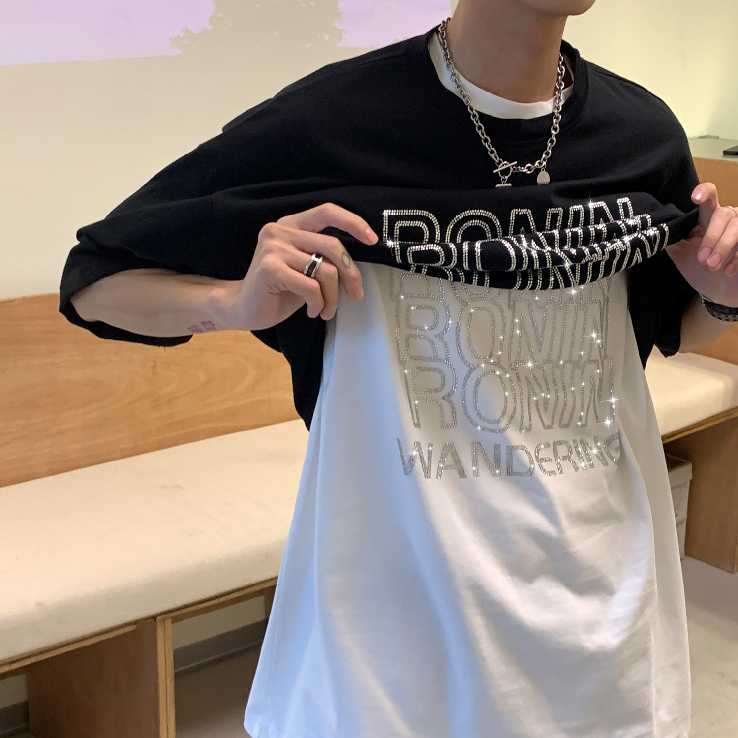 欧美潮牌痞帅半袖重磅烫钻t恤男生ins美潮oversize设计感小众短袖