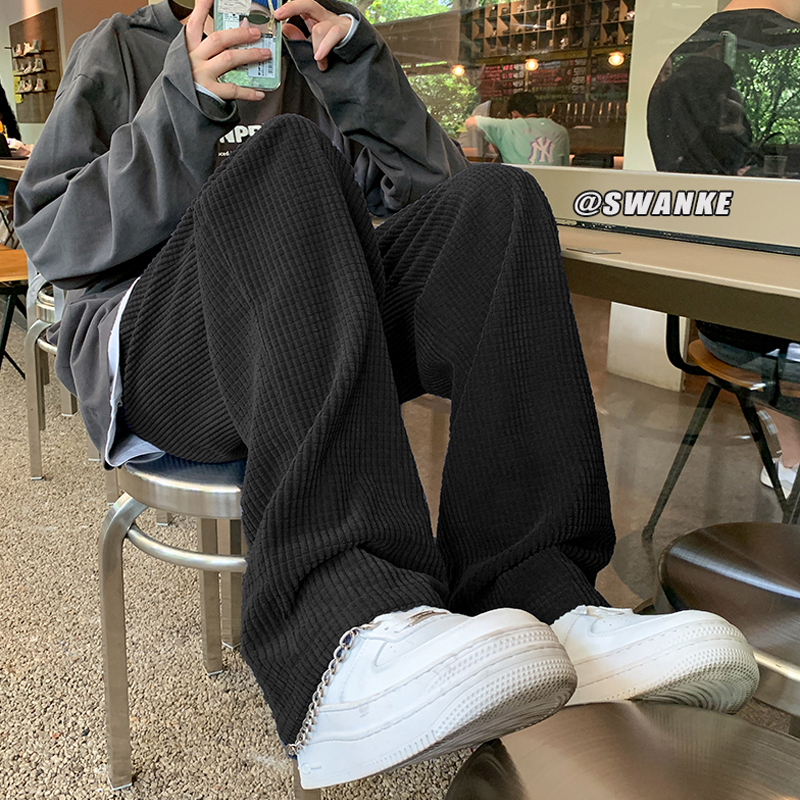 华夫格裤子高街ins潮灯芯绒休闲长裤男裤直筒卫裤美式阔腿裤痞帅