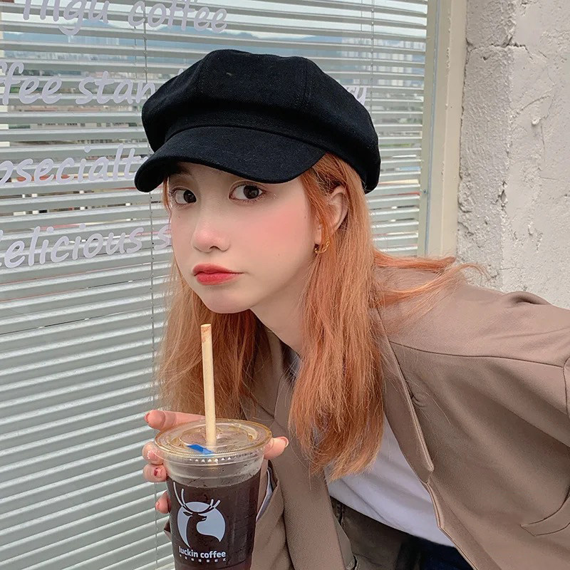 黑色贝雷帽八角网红百搭2021韩版帽子英伦复古帽子