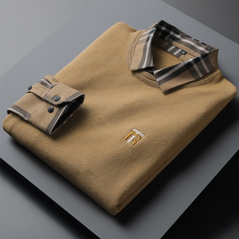 衬衫领假两件毛衣男加厚秋冬格子休闲修身假领针织衫上衣保暖毛衫