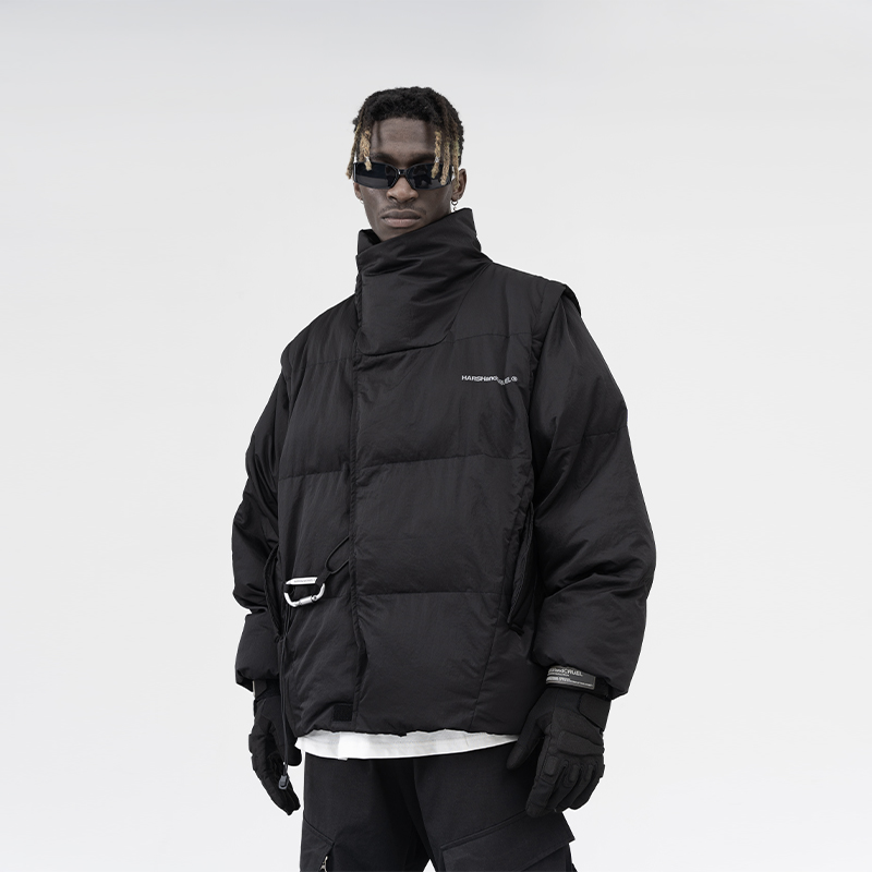 harshandcruel不规则裁片可拆卸袖子登山扣羽绒棉服秋冬潮流外套