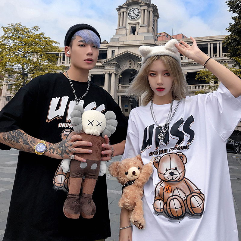 国潮2021roora情侣装夏ins潮牌小熊短袖T恤男女oversize潮流半袖