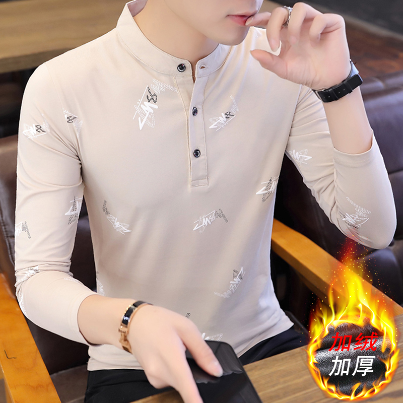秋冬季纯棉长袖t恤男士立领修身上衣打底衫加绒厚潮卫衣体恤汗衫