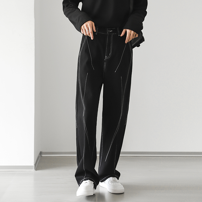 21ss街头明线设计拼接复古水洗牛仔长裤阔腿垂感vibe直筒裤男女潮